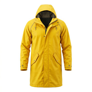 Bright yellow long raincoat with hood and pockets. Waterproof raincoat jacket for protection from rain and bad weather with zipper and laces. Outerwear, front view, isolated on a white background