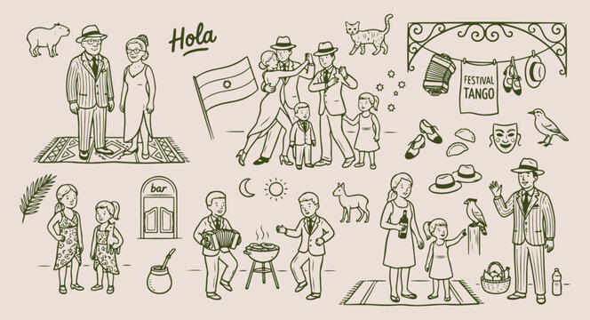Argentina culture and tango dance, traditional latin american folk art, argentina flag and national symbols, south american lifestyle and street, gaucho and cultural heritage illustration, hand drawn 