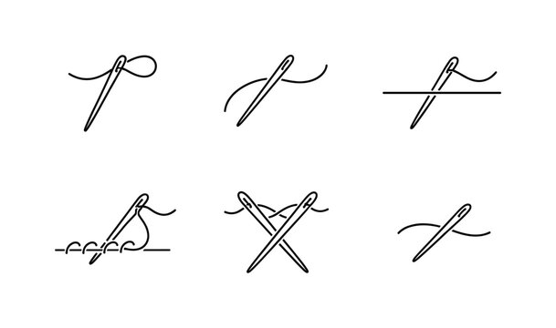 Minimal line icons showing sewing needle and thread stitches, including loop, running stitch, cross-stitch, and simple embroidery techniques on white