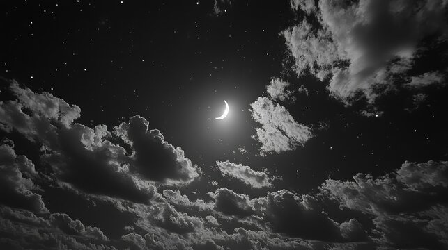 Serene night sky moon crescent clouds.