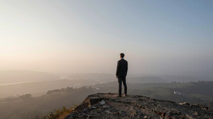 Obraz premium Man in Suit Standing on Cliff Overlooking Scenic Landscape Horizon