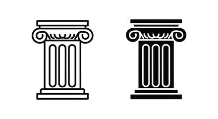 Obraz premium Minimalist Ionic column icons in outline and solid black styles representing classical architecture, law, justice, and academic excellence for professional design projects.
