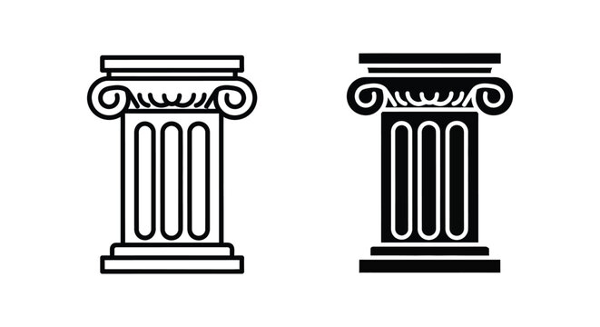 Minimalist Ionic column icons in outline and solid black styles representing classical architecture, law, justice, and academic excellence for professional design projects.