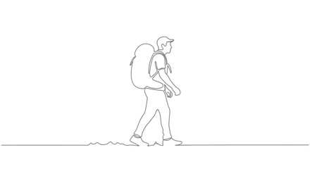 Fototapeta premium Minimalist Line Art: Hiker with Backpack Walking on Ground
