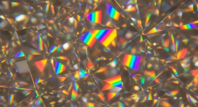 Abstract background of a crystal prism with rainbow light refractions and geometric facets, creating a colorful and sparkling texture with light dispersion effects