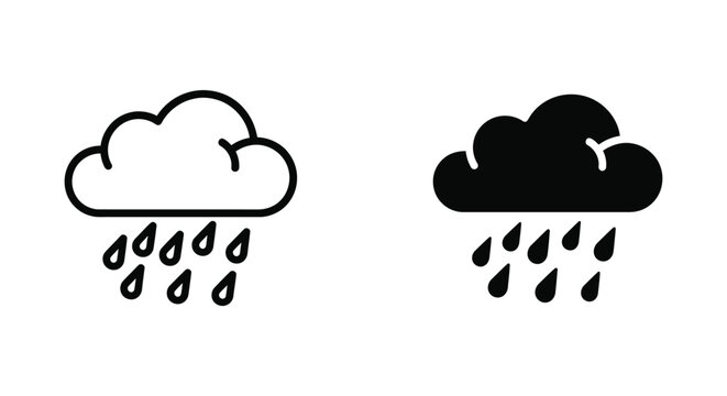 Minimalist rain cloud icons featuring outline and solid black styles for weather forecasting and meteorology app design