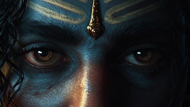 Close-up face of Hindu deity Shiva with intense eyes and golden tilak