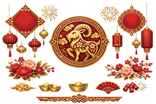 Chinese New Year Year of the Goat vector collection, red and gold lunar zodiac elements, traditional spring festival decorations with lanterns and flowers