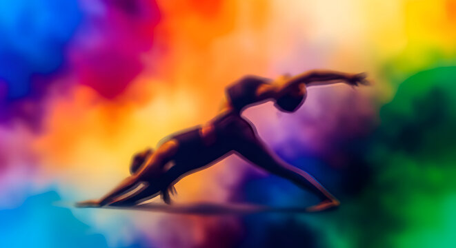 Silhouette of woman practicing yoga outdoors.