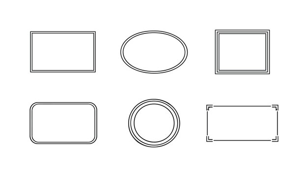 Set of simple black outline frames in assorted shapes including rectangles, rounded rectangle, oval, and circular borders on a white background