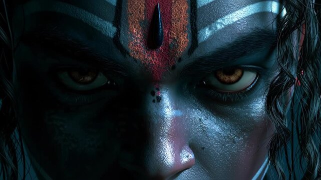 Intense Close-up Portrait of Hindu Deity Lord Shiva with Glowing Eyes