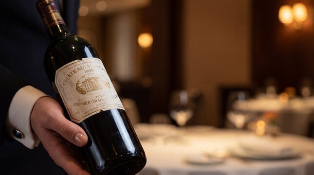 Waiter presenting a bottle of red wine in an upscale dining room