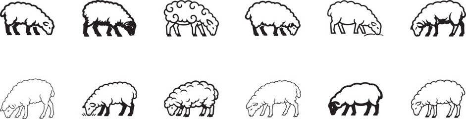 Obraz premium Grazing sheep line art icon set, animal linear symbols on white, clean vector EPS illustration.