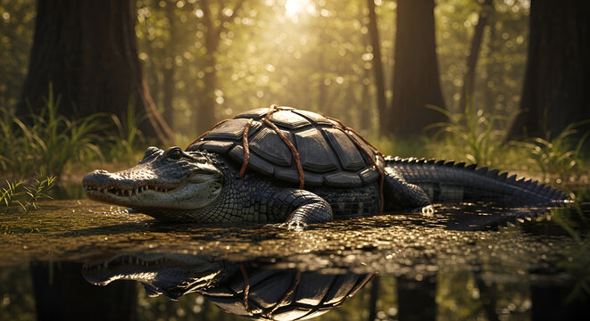 Alligator resting in forest pond water.