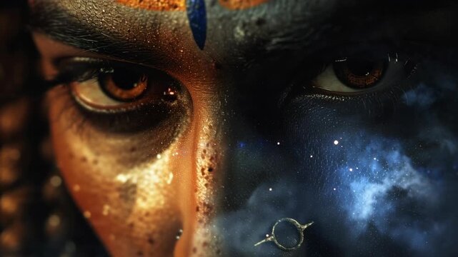 Close up portrait of Hindu god Shiva with ethereal cosmic face paint