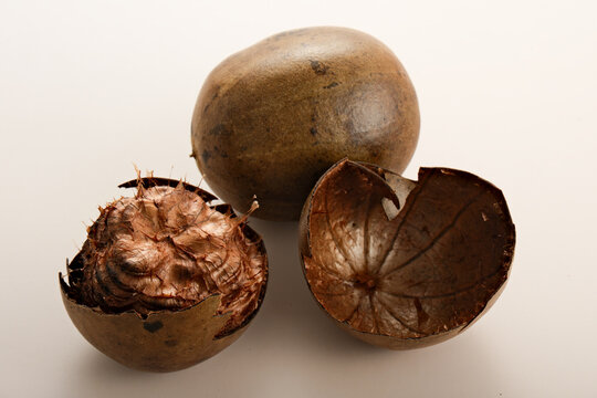 Whole and halved luo han guo fruits with detailed cross-section showing seeds and outer shell on white background