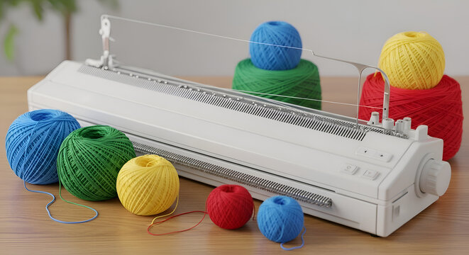 Yarn ball winder with colorful threads.