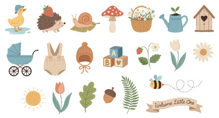 Obraz premium A whimsical garden and nursery illustration set for a baby. Features animals, flowers, and woodland elements with vintage charm. Includes adorable clipart for a cute, neutral-colored welcome.