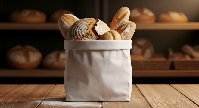 Freshly baked bread in a bag.