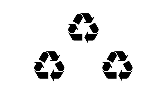A clean minimalist image displays three black recycling symbols arranged in a triangular pattern against a stark white background high quality professional detailed modern elegant stylish