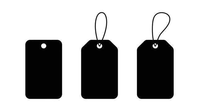 Three black tags are displayed against a white background each with a hole and string for attachment or labeling purposes high quality professional detailed modern elegant