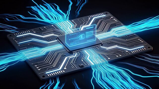 Circuit board with glowing blue lines