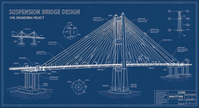 Detailed technical blueprint of a suspension bridge civil engineering project with intricate structural design elements
