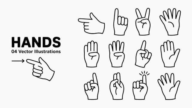 A collection of twelve black and white line art illustrations depicting various hand gestures and signs arranged in a grid format high quality professional detailed modern