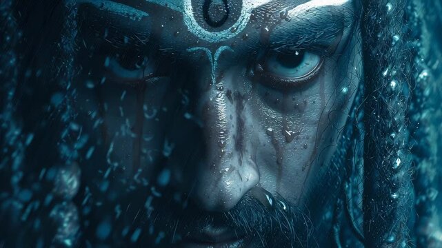 Close up portrait of Hindu deity Shiva in a dramatic rain ritual scene