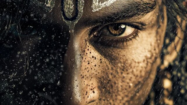 Close-up portrait of Lord Shiva with intense gaze and rain effect