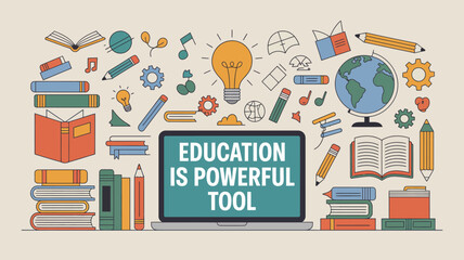 Obraz premium An illustration depicts educational tools like books a globe laptop and lightbulb symbolizing the power of learning and knowledge high quality professional detailed modern elegant stylish