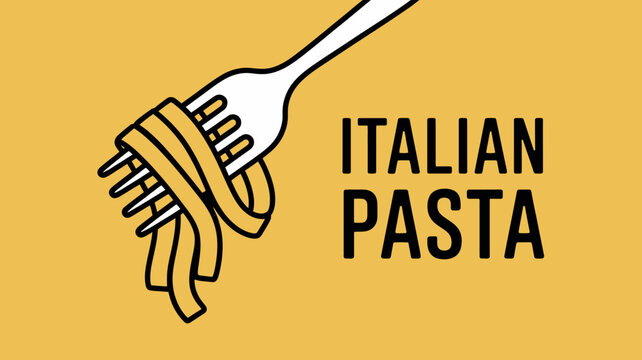 A simple graphic depicts a white fork twirling a portion of fettuccine pasta against a bright mustard yellow background with text high quality professional detailed modern