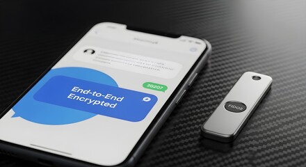 Fototapeta premium Secure communication with end-to-end encrypted messaging on a smartphone and physical security key.