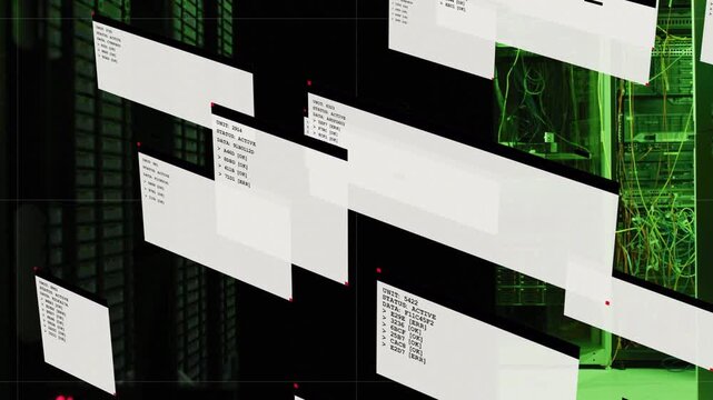 Floating status panels sliding right, triggered by network activity, displaying status over racks