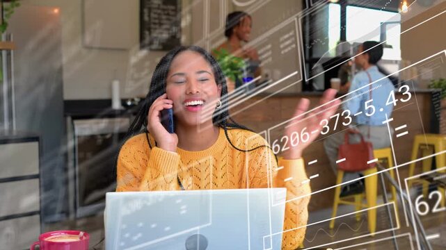 Woman at cafe answering phone and discussing tech as data overlays showing laptop, ending smiling