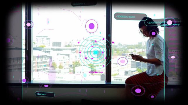 Vertical video: Woman sitting on ledge reaching phone, tapping HUD tech on glass and checking data