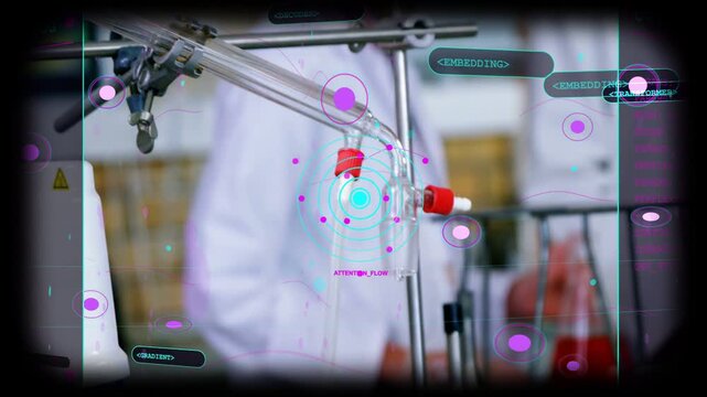 Camera pulling back as students using flasks while AR tags highlighting red solution for chem test