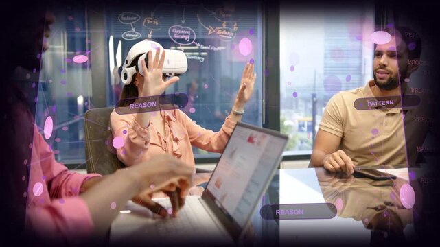 Vertical video: Testing woman in peach blouse wearing white VR headset manipulating purple AR UI