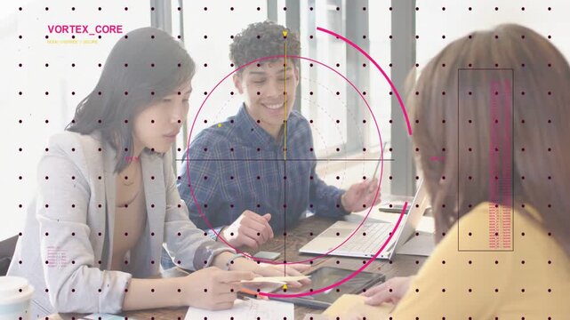 Man pointing at tablet and leading business meeting, team tapping tablet and reaching agreement