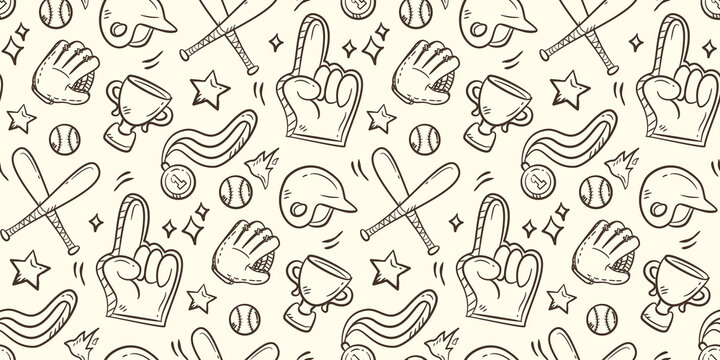 Baseball doodle background. Baseball equipment pattern background. Cute baseball seamless pattern for kids. Softball Sport hand drawn seamless pattern with bat, helmet, cap, glove, ball, medal.