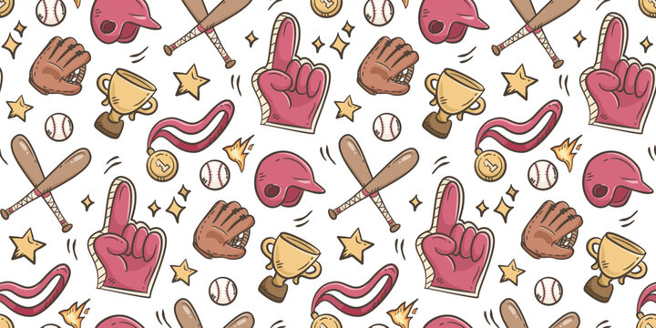 Baseball doodle background. Baseball equipment pattern background. Cute baseball seamless pattern for kids. Softball Sport hand drawn seamless pattern with bat, helmet, cap, glove, ball, medal.