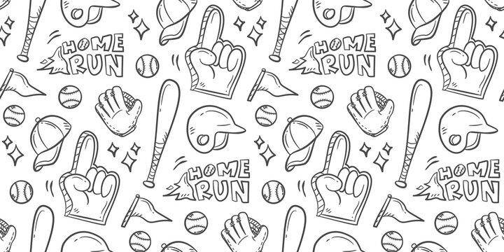 Baseball doodle background. Baseball equipment pattern background. Cute baseball seamless pattern for kids. Softball Sport hand drawn seamless pattern with bat, helmet, cap, glove, ball, medal.