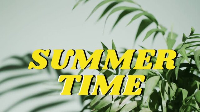 Directional light causing palm leaves swaying, centering SUMMER TIME headline with shifting shadows