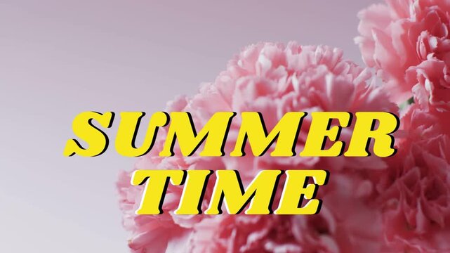 Centered title SUMMER TIME staying fixed while subtle camera shift revealing petals for marketing