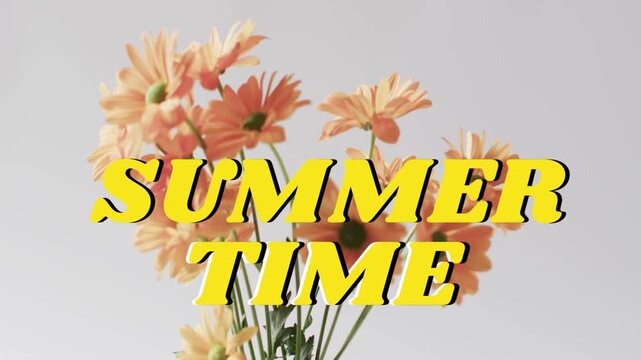 Camera moving in, bouquet swaying, yellow headline popping, promoting summer marketing