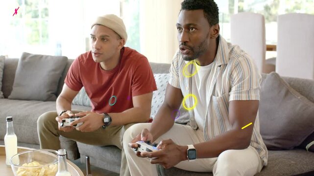 Two men gripping controllers, pressing and competing, causing animated gaming HUD and score rising