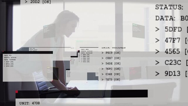Mid-adult woman touching laptop keyboard, opening business data panels and analyzing metrics