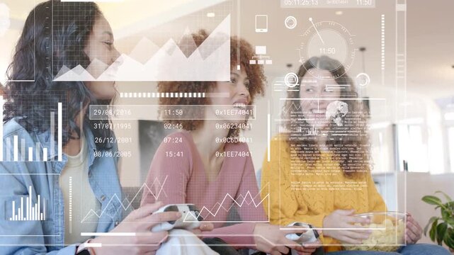 Pressing start 3 women holding gamepads reacting and laughing while HUD graphs shifting for points