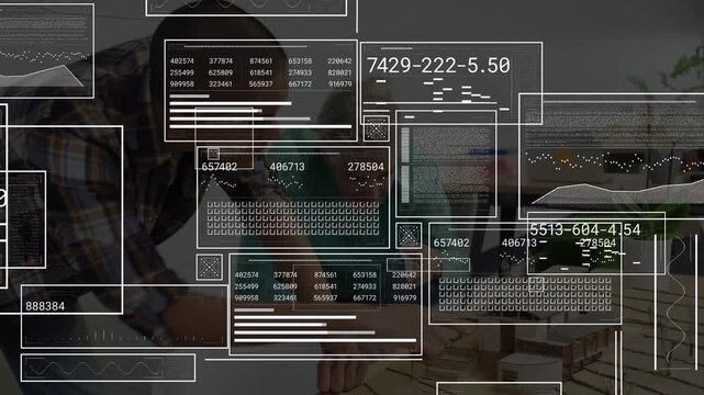 Design duo leaning over model, examining for layout and causing UI charts multiplying, regrouping