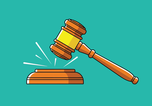 Wooden judge gavel hitting sound block on a teal background, vector illustration of a court hammer for legal, justice and law concept